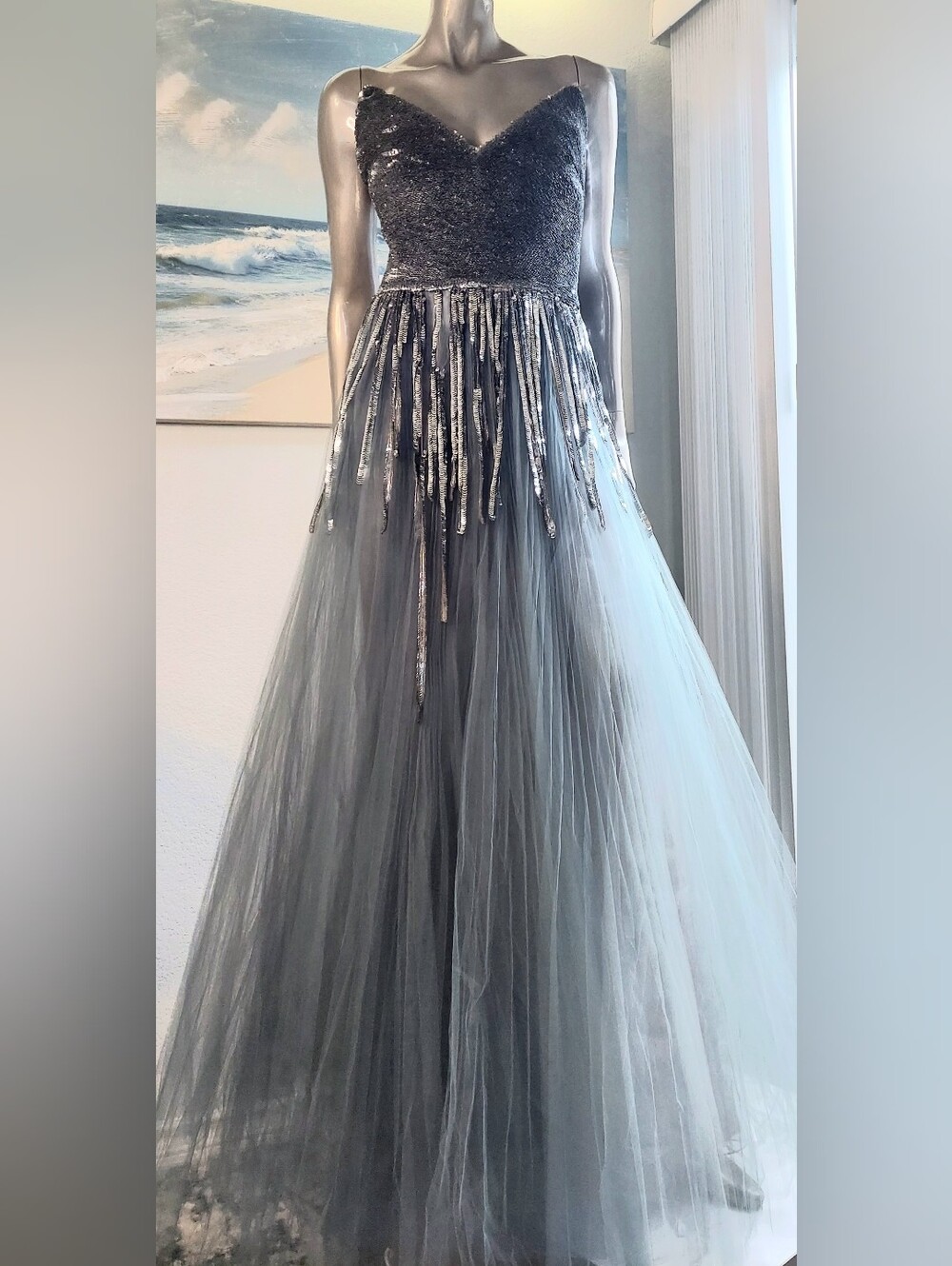 $13,900 NEW W. TAG OSCAR DE LA RENTA SLATE BLUE SILVER SEQUIN TULLE GOWN US 8 - Picture 3 of 12